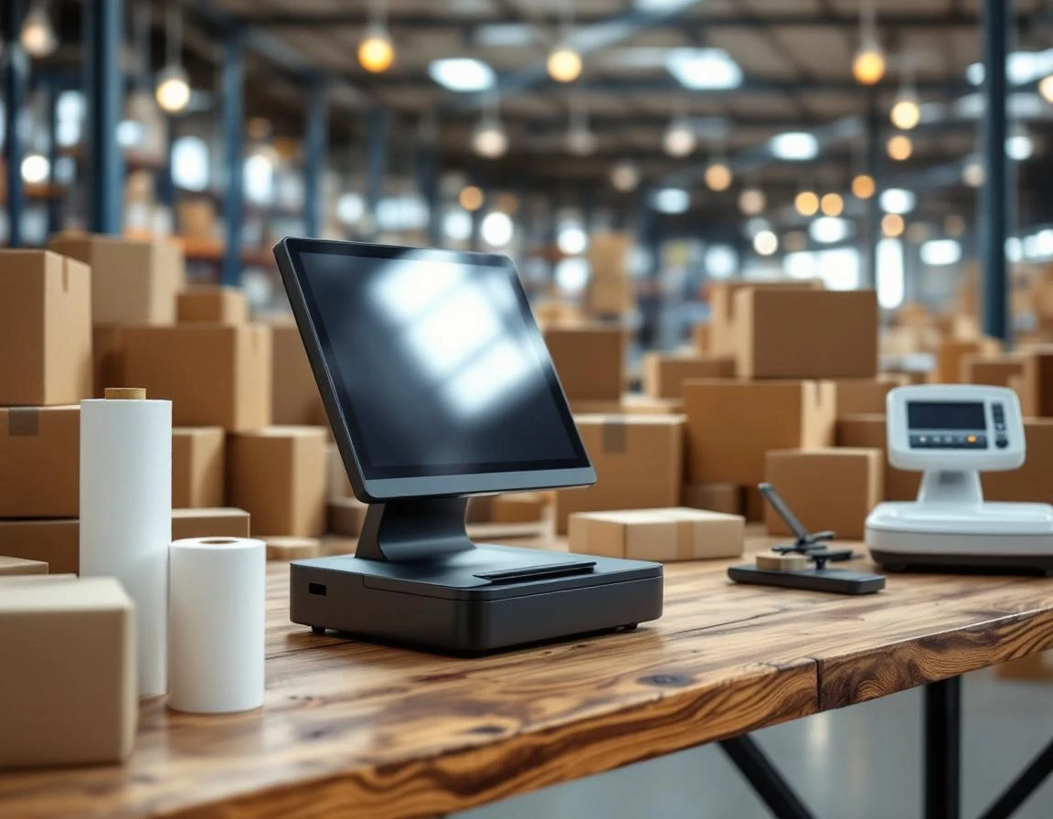 Point-of-sale terminal and printer at retail packing station with shipping materials
