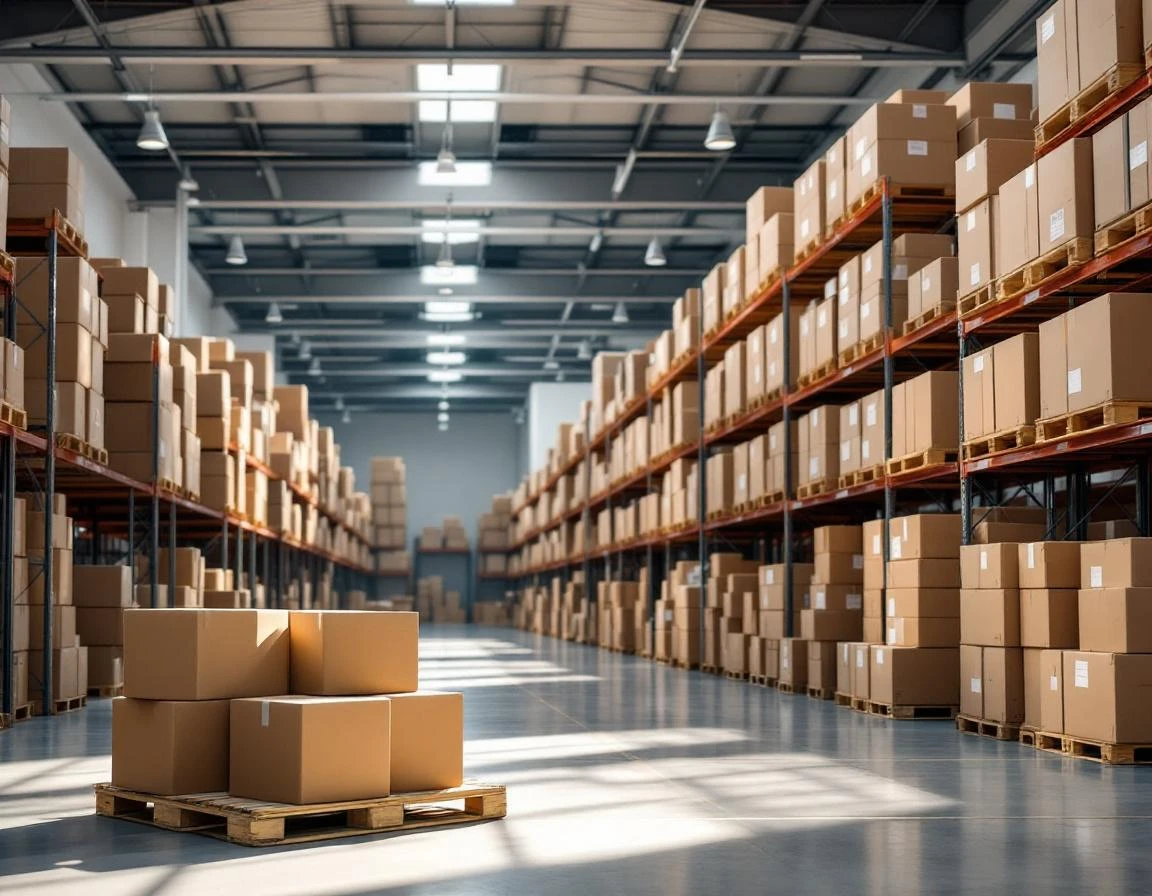 Organized warehouse with stacked cardboard shipping boxes on industrial shelving ready for fulfillment