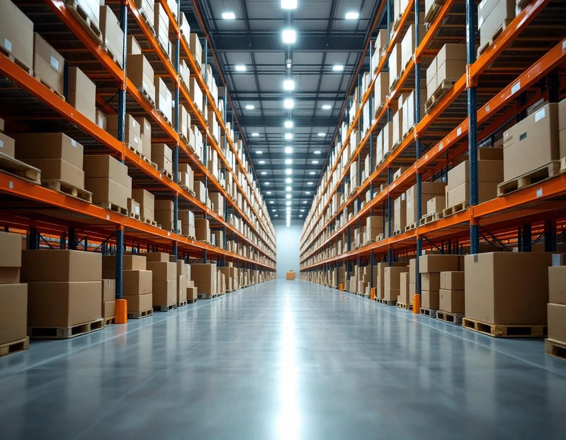 Organized warehouse with orange industrial shelving systems storing shipping inventory across multiple parallel aisles