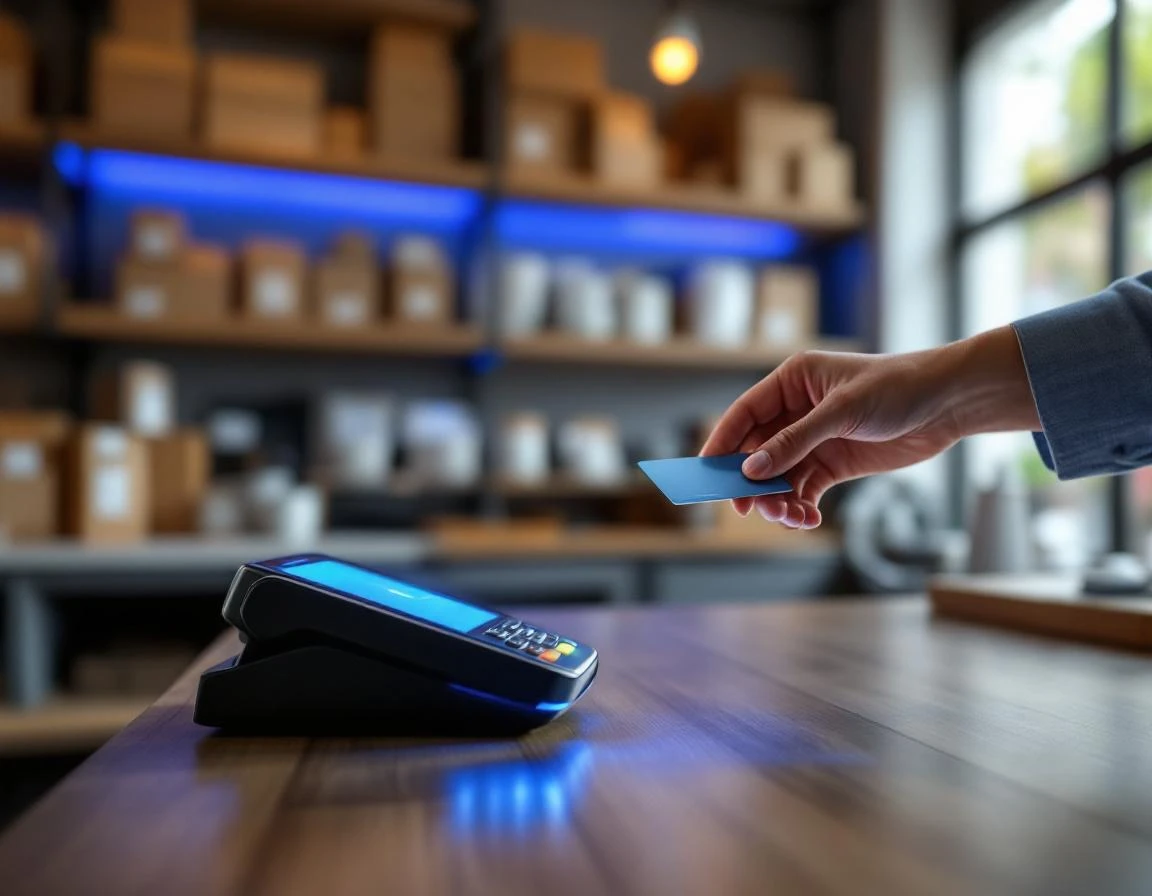 Contactless payment reader on retail counter with traditional POS terminal blurred in background