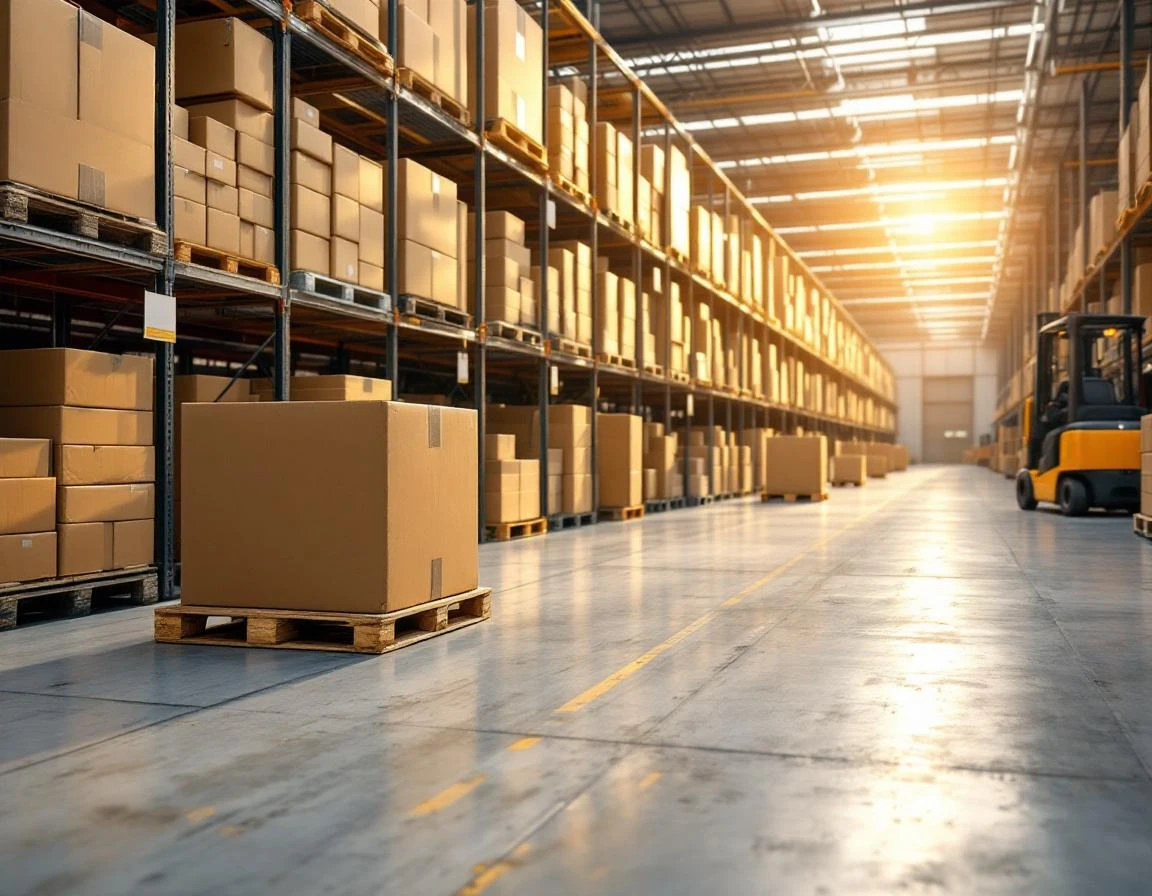 Warehouse interior showing varied package sizes awaiting automated freight classification and sorting