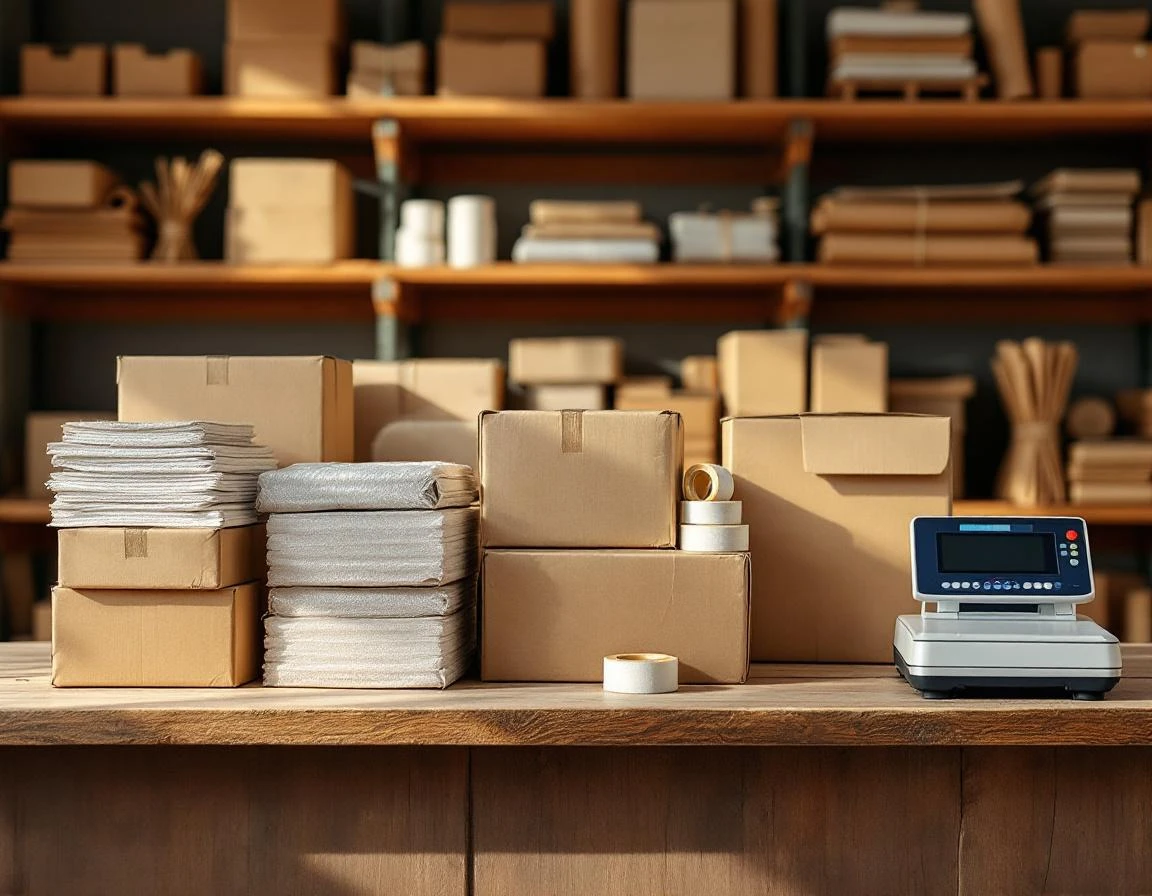 Pack-and-ship store counter with bundled shipping supplies including boxes, bubble wrap, scale, and packing materials