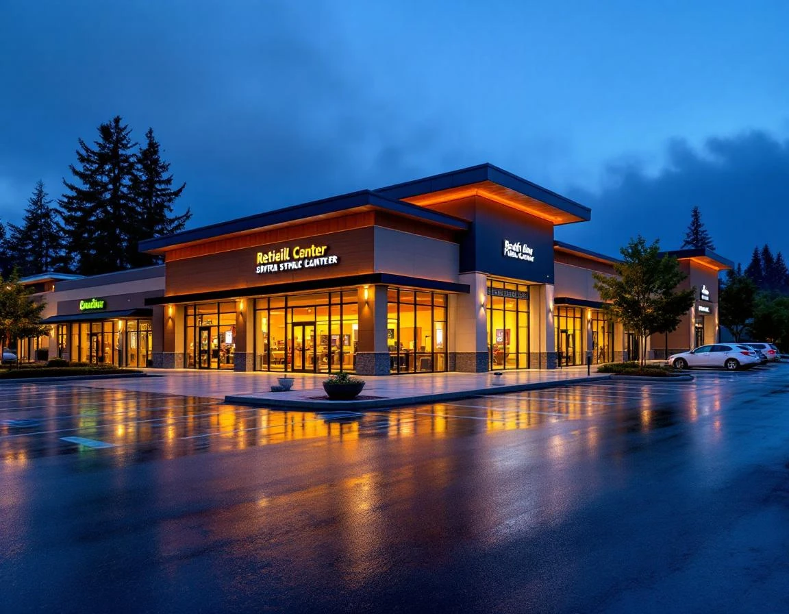 Modern retail strip center at dusk with architectural lighting and wet pavement reflections