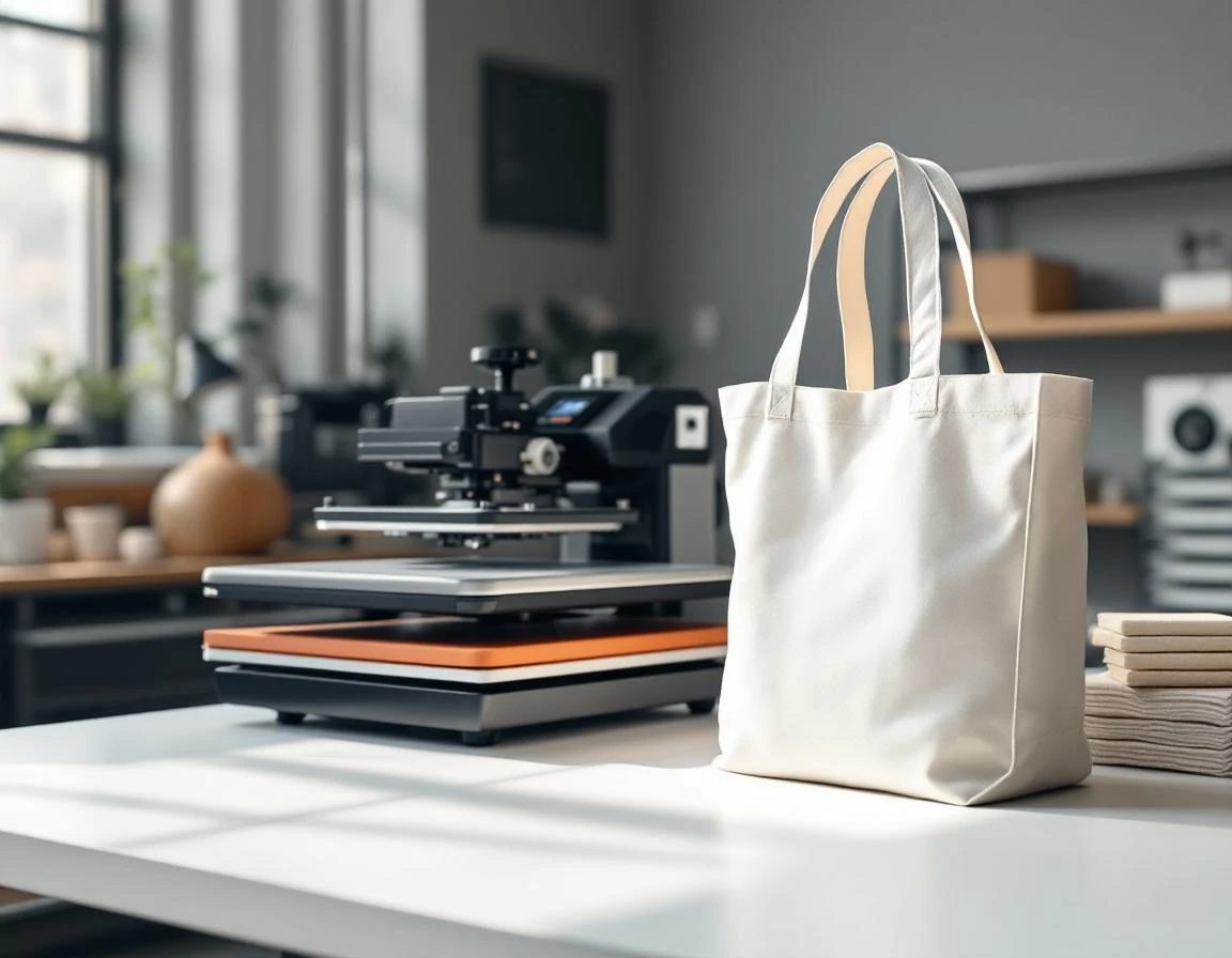 Heat press machine and blank canvas tote bags on print shop workstation with professional equipment