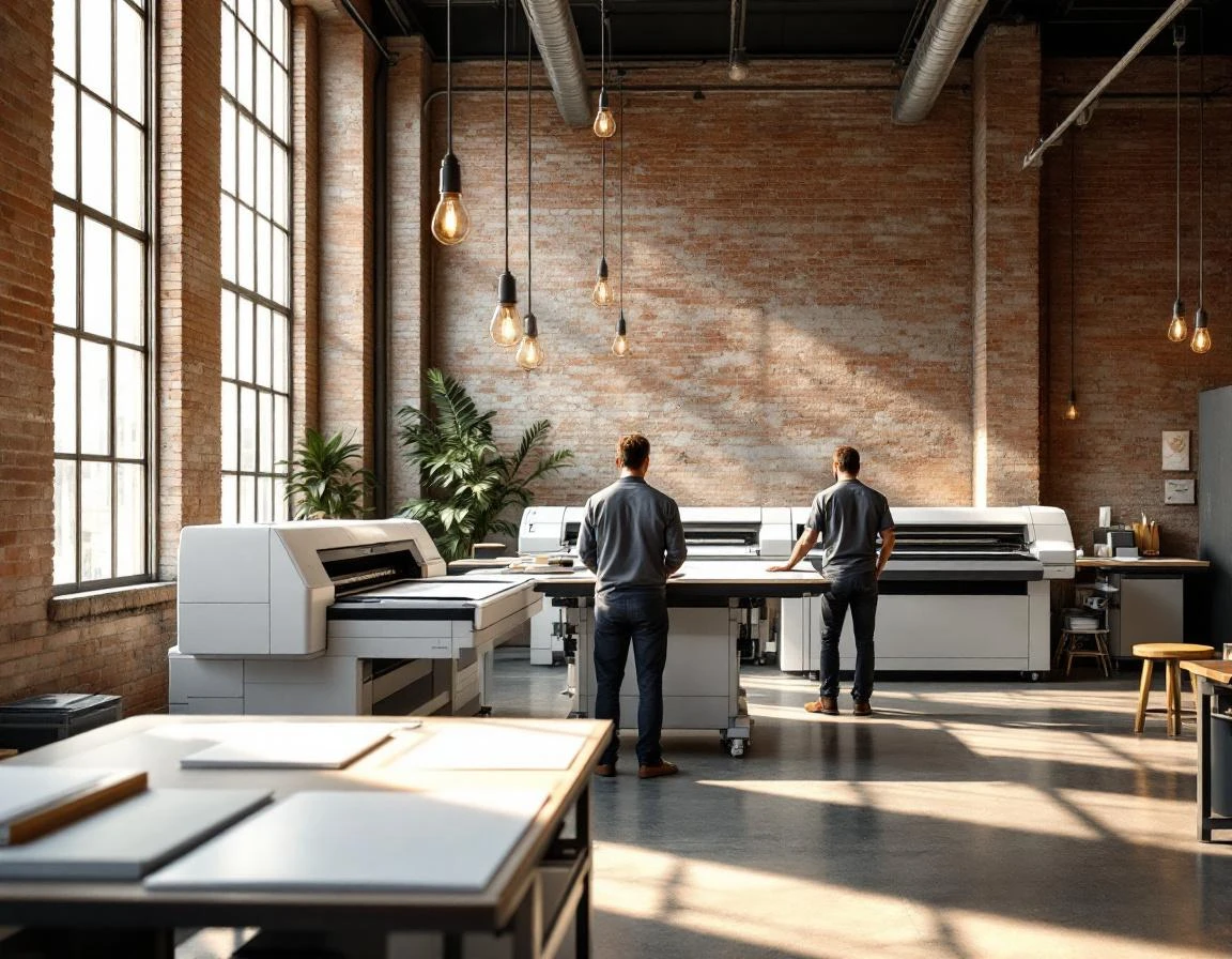 Modern print production facility with large-format printers and industrial architectural details