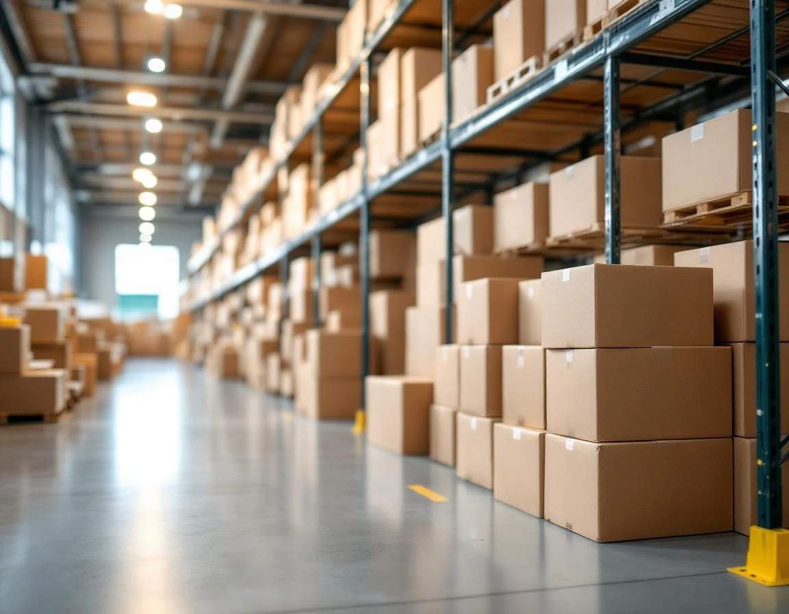 Organized cardboard shipping boxes on warehouse shelving in modern logistics facility