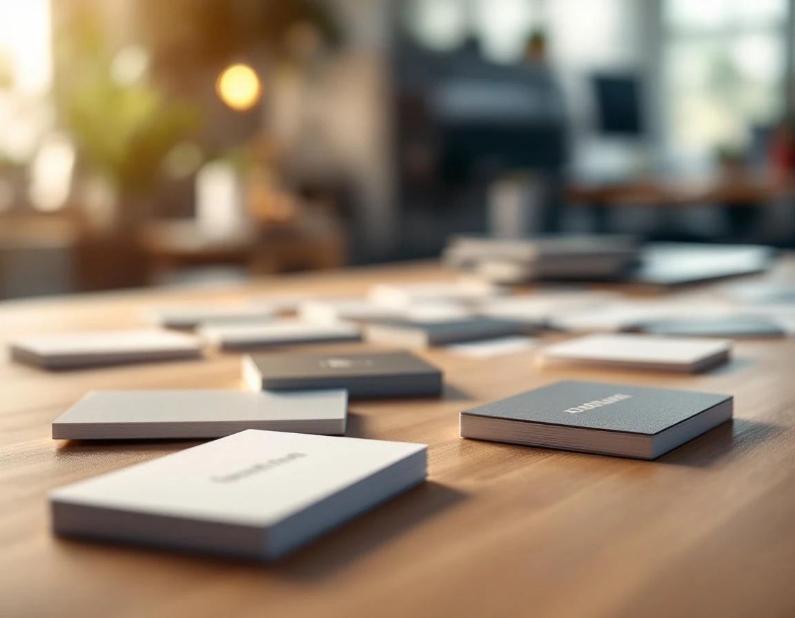 Business cards and printing materials displayed on print shop desk with shallow depth of field