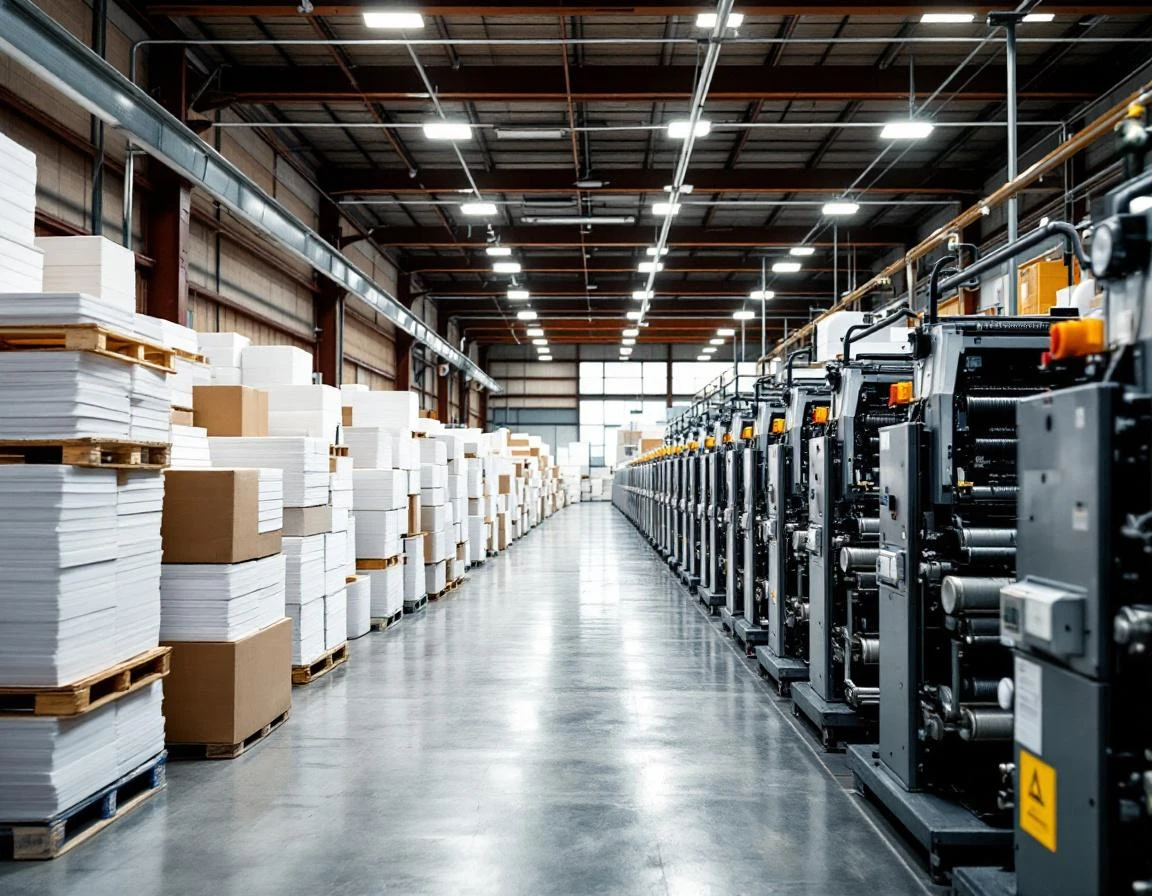 Commercial printing press equipment and imported paper stock inventory in industrial warehouse facility