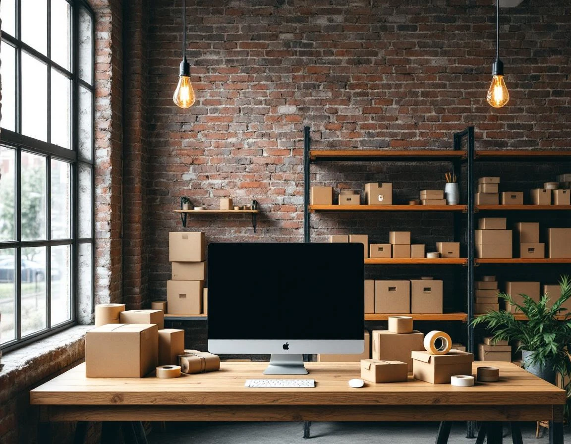 Small business workspace with shipping supplies and blank computer screen on wooden desk