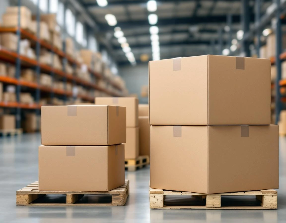Organized warehouse pallets with unmarked shipping boxes in modern fulfillment center