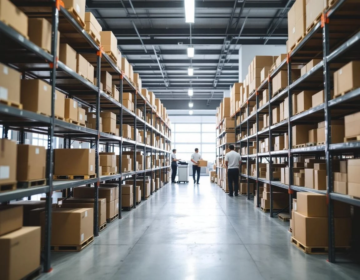 Modern warehouse with organized shipping boxes and packing stations for multi-service retail fulfillment