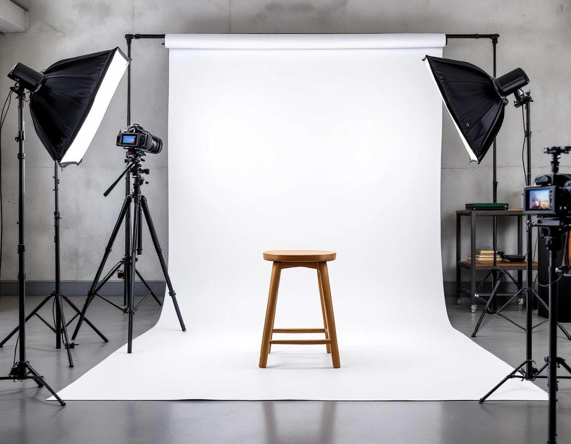 Professional passport photo studio with white backdrop, camera on tripod, and softbox lighting arrangement
