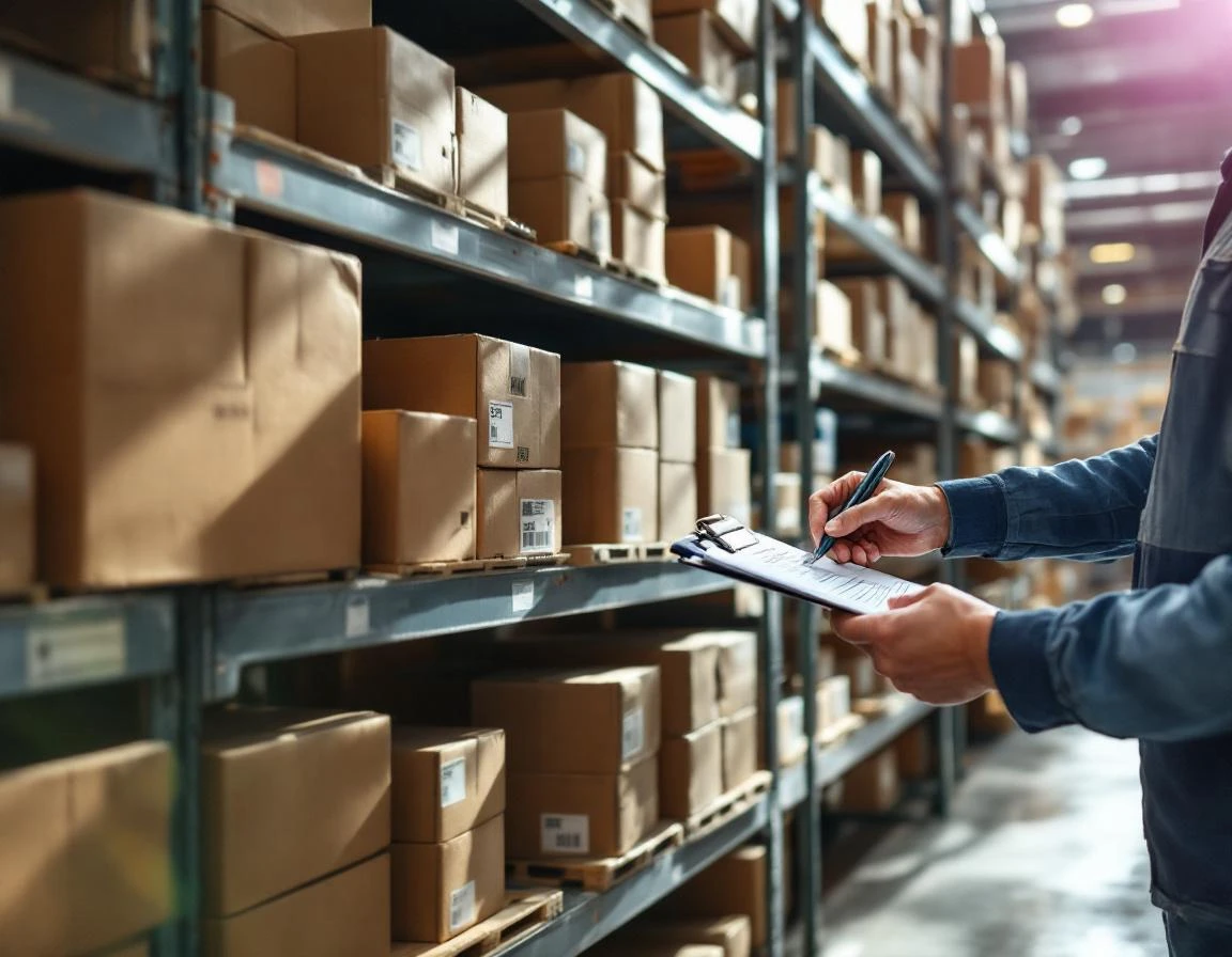 Warehouse worker performing cycle count audit on shipping inventory with clipboard and metal shelving