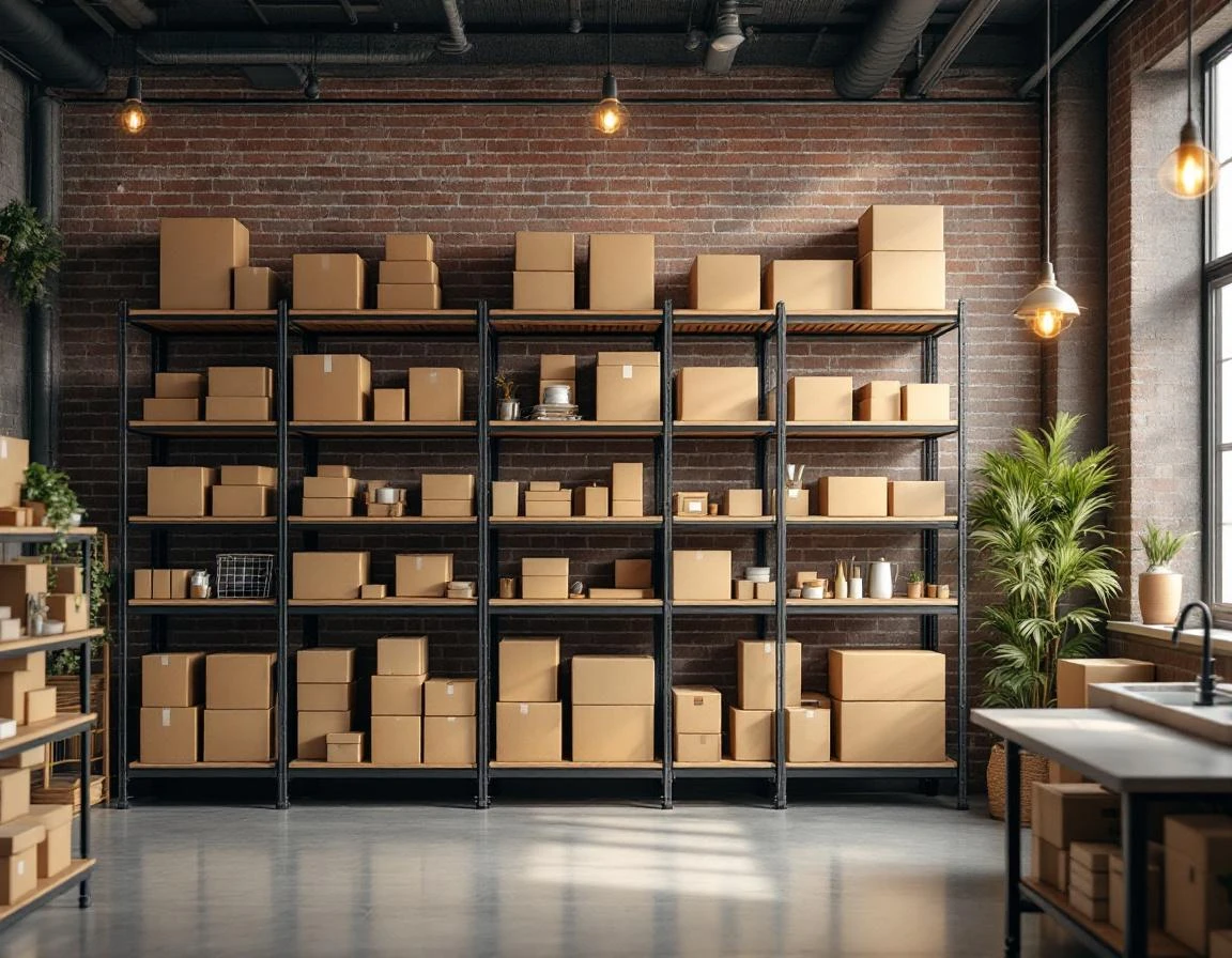 Organized shipping supplies and blank packaging materials on industrial shelving in modern pack-and-ship store