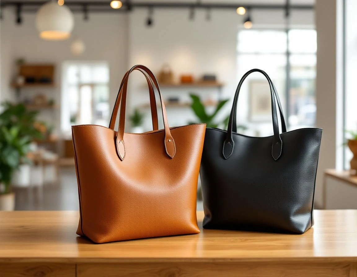 Premium leather bags displayed on wooden retail fixture with natural lighting in modern store environment