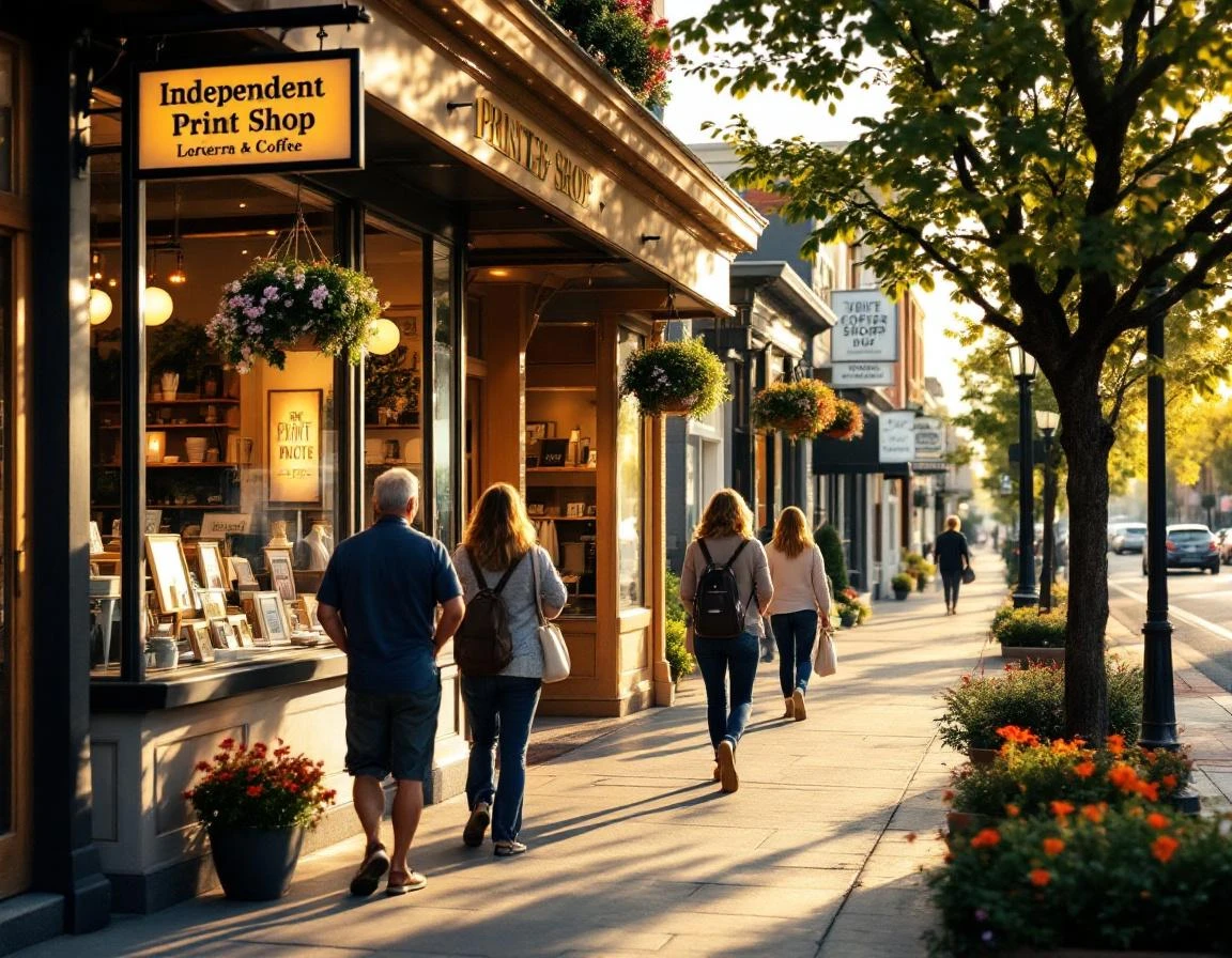 Local shopping district with independent storefronts and spring flower baskets during afternoon foot traffic
