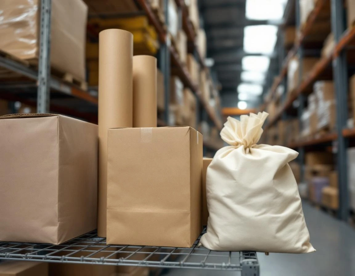 Kraft paper, cardboard, and organic fabric packaging materials stacked in warehouse