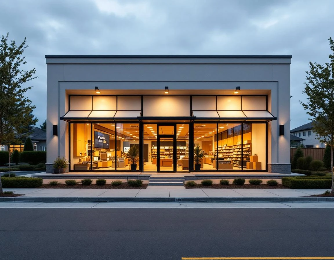 Modern pack-and-ship store exterior at dusk with professional storefront design and ambient lighting