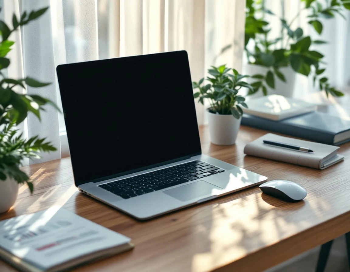 Organized business workspace with computer and plants near window for monitoring retail operations
