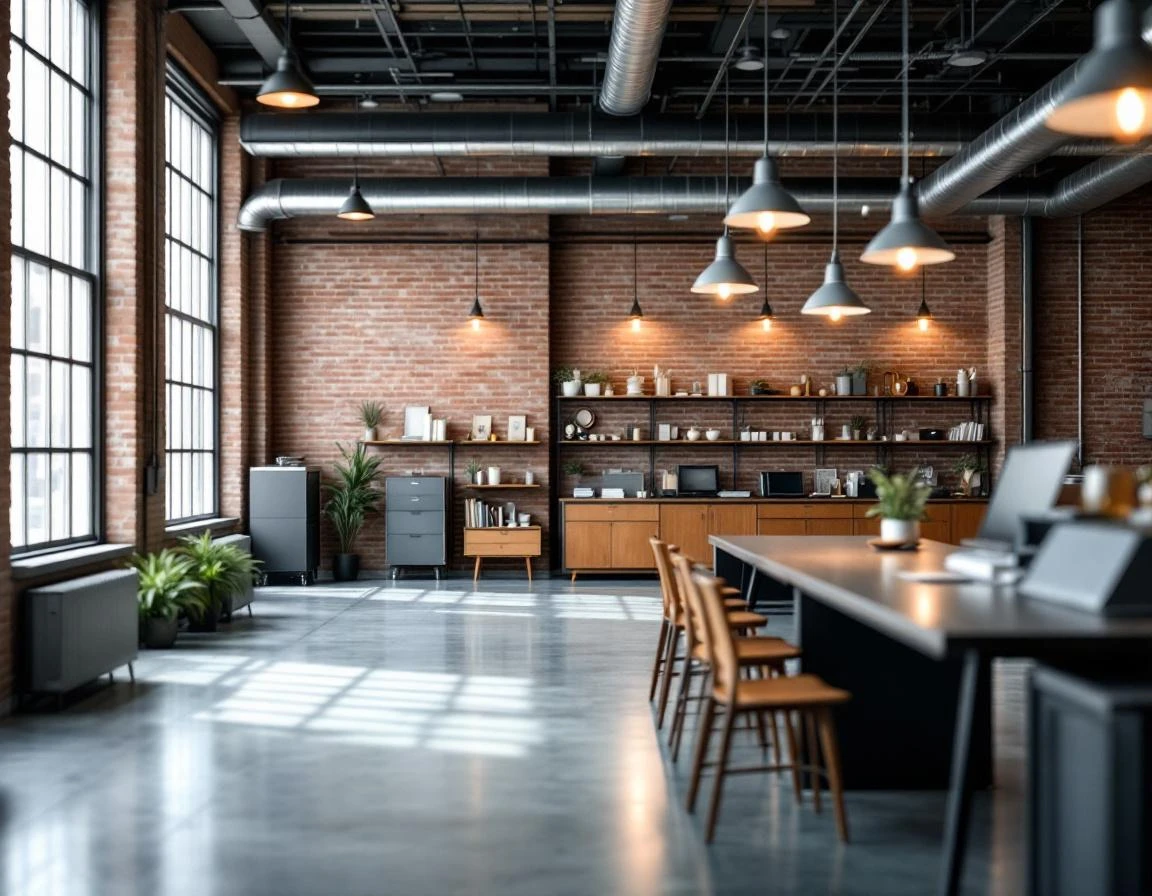 Modern industrial print shop workspace with exposed brick, pendant lighting, and organized production floor
