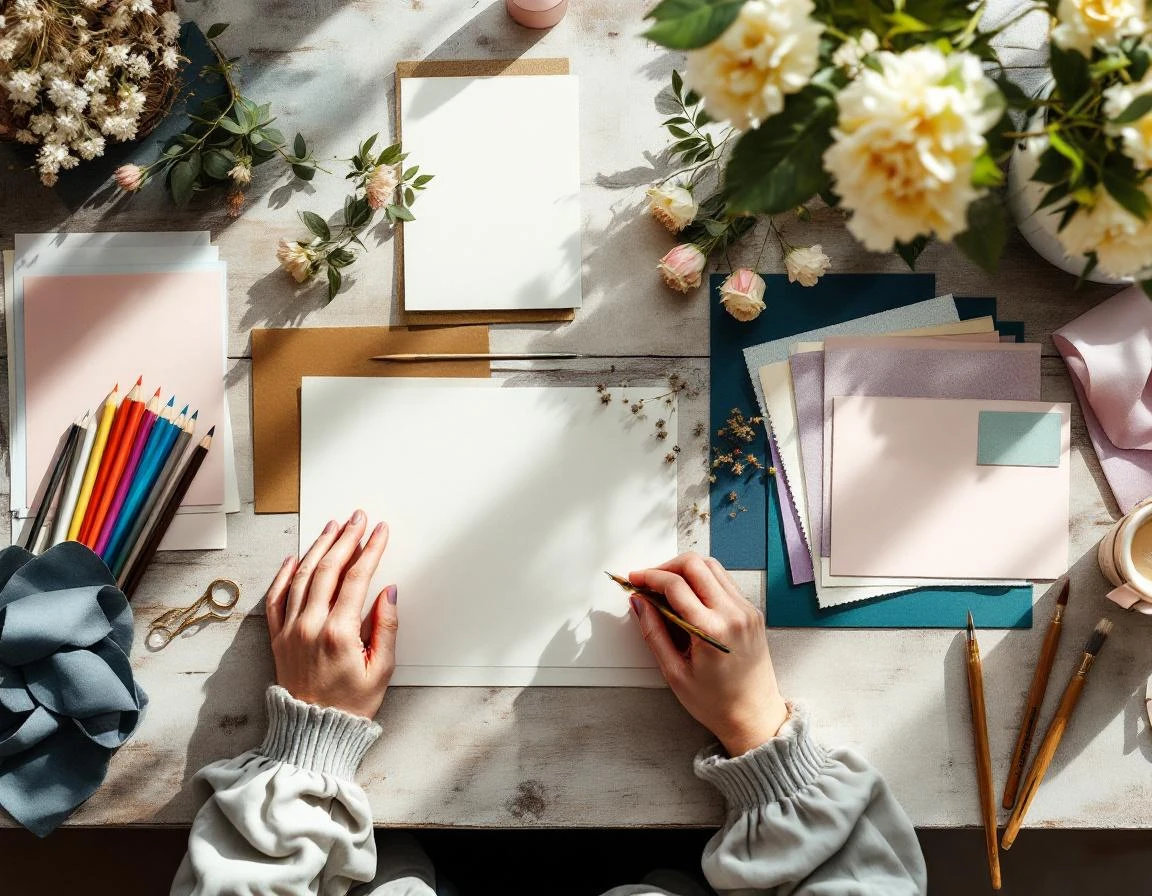 Hands arranging blank cards and colored paper samples on wooden desk with design tools and seasonal materials