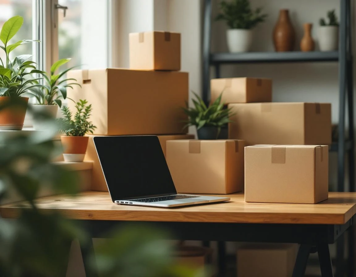 Home office workspace with laptop and cardboard shipping boxes on wooden desk with natural window light