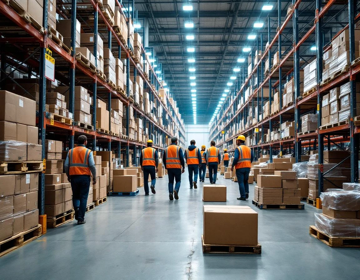 Busy warehouse interior with stacked shipping boxes and workers preparing inventory during peak fulfillment season