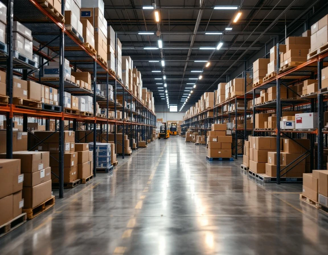 USPS mail processing facility interior with sorted packages on industrial shelving under warehouse lighting