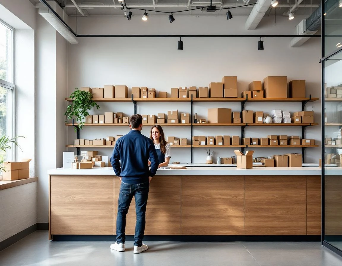 Modern pack-and-ship store interior showing organized service counter and shelving with natural lighting