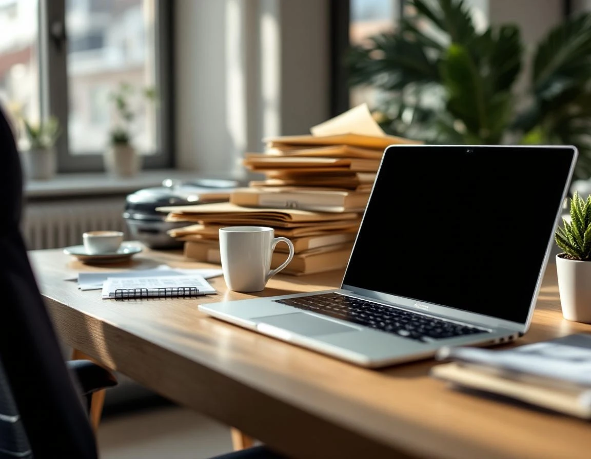 Organized office desk with laptop, folders, and coffee during tax season preparation