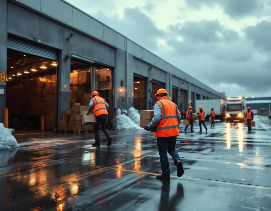 Workers unloading shipping boxes at warehouse loading dock during spring morning rush