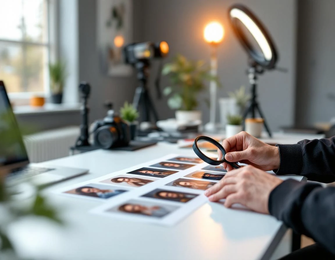 Hands examining printed passport photos on desk with professional photography equipment in soft focus background