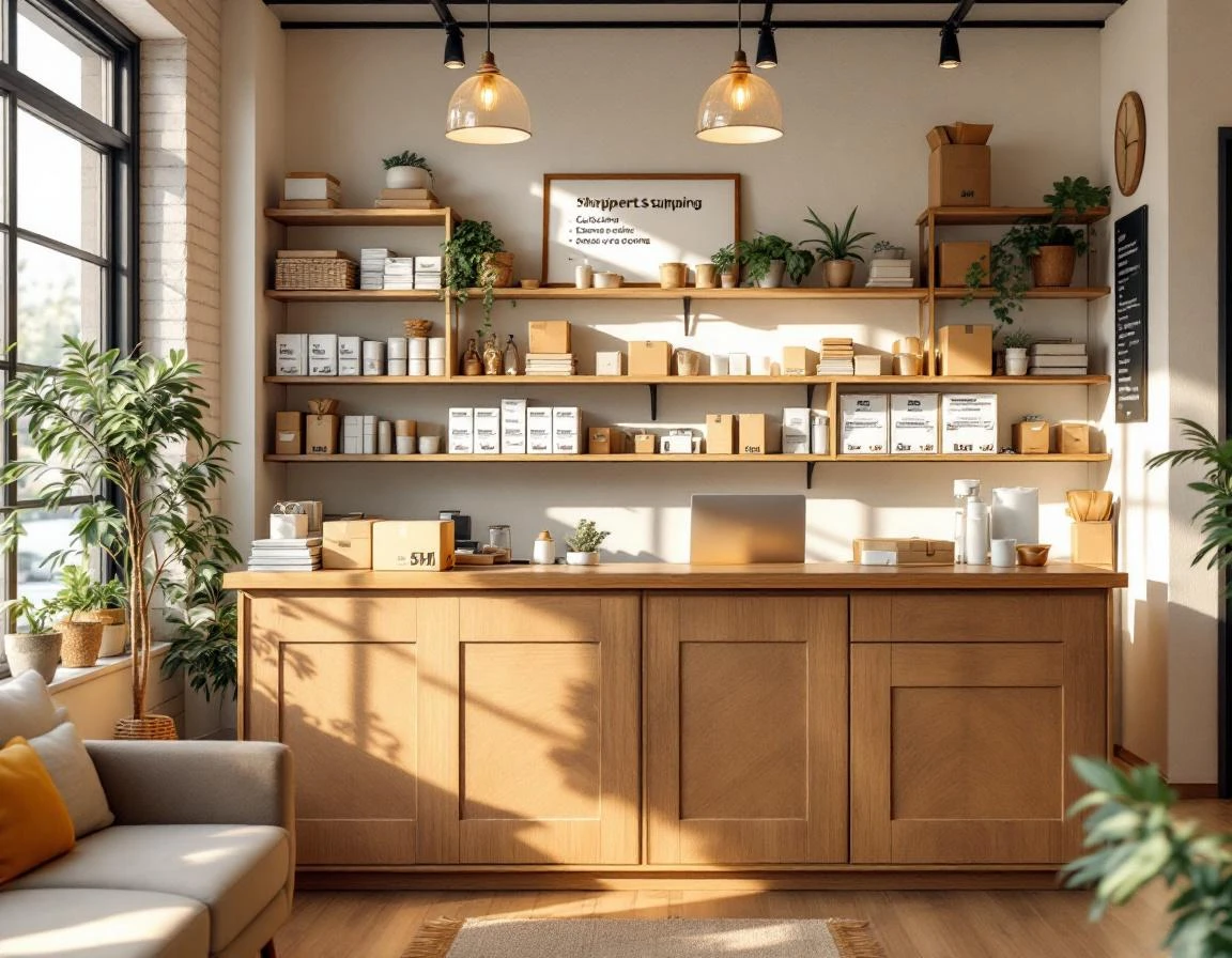 Independent pack-ship store interior showing organized service counter and bundled product displays