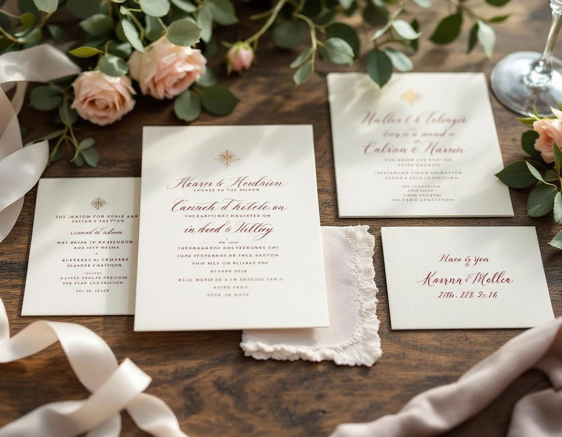 Custom wedding invitations and place cards showing letterpress printing, gold foil details, and calligraphy