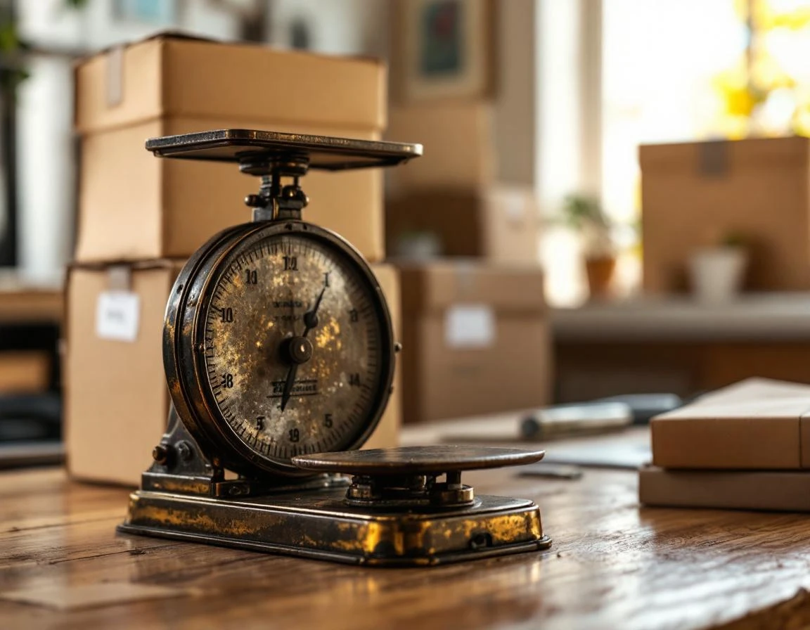 Vintage postal scale with stacked shipping boxes on office desk showing cost analysis tools