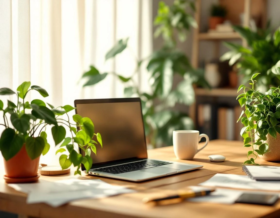 Organized office desk with closed laptop, plants, and natural lighting creating a calm workspace environment