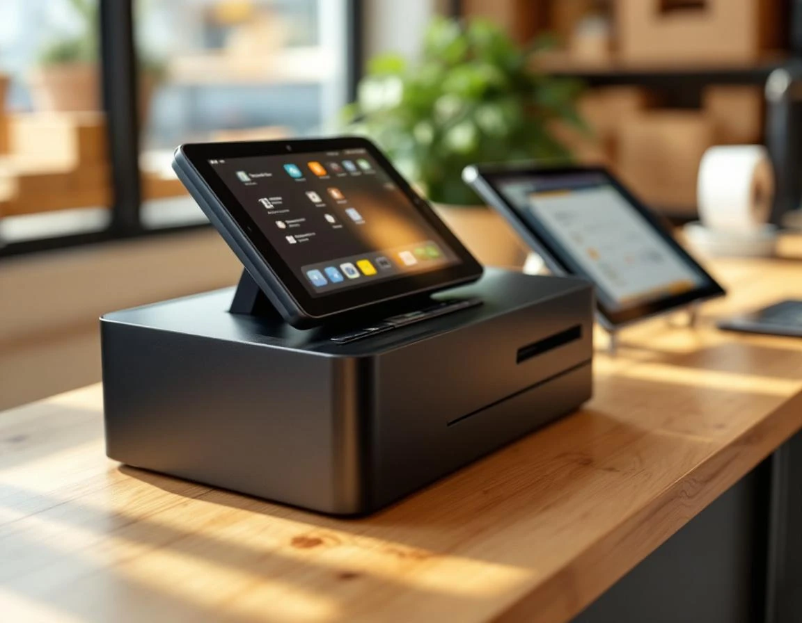 Point-of-sale terminal, receipt printer, and tablet arranged on retail counter with natural lighting