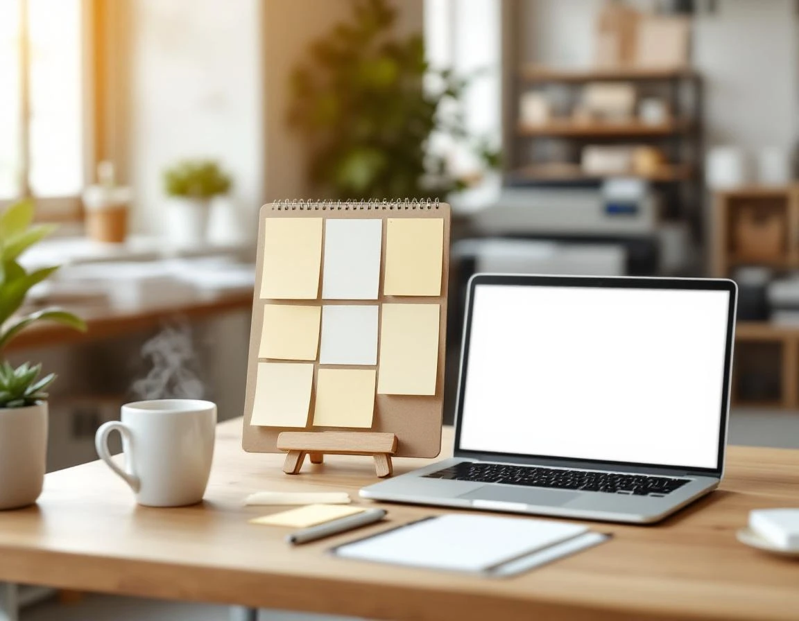 Print shop workspace with blank calendar planning materials, laptop, coffee, and succulent plant on wooden desk