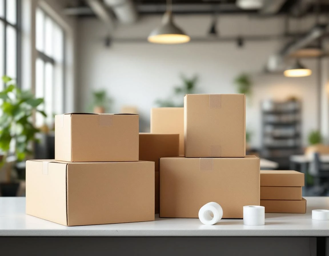 Stacked blank cardboard boxes and packing materials in a professional pack-and-ship retail workspace
