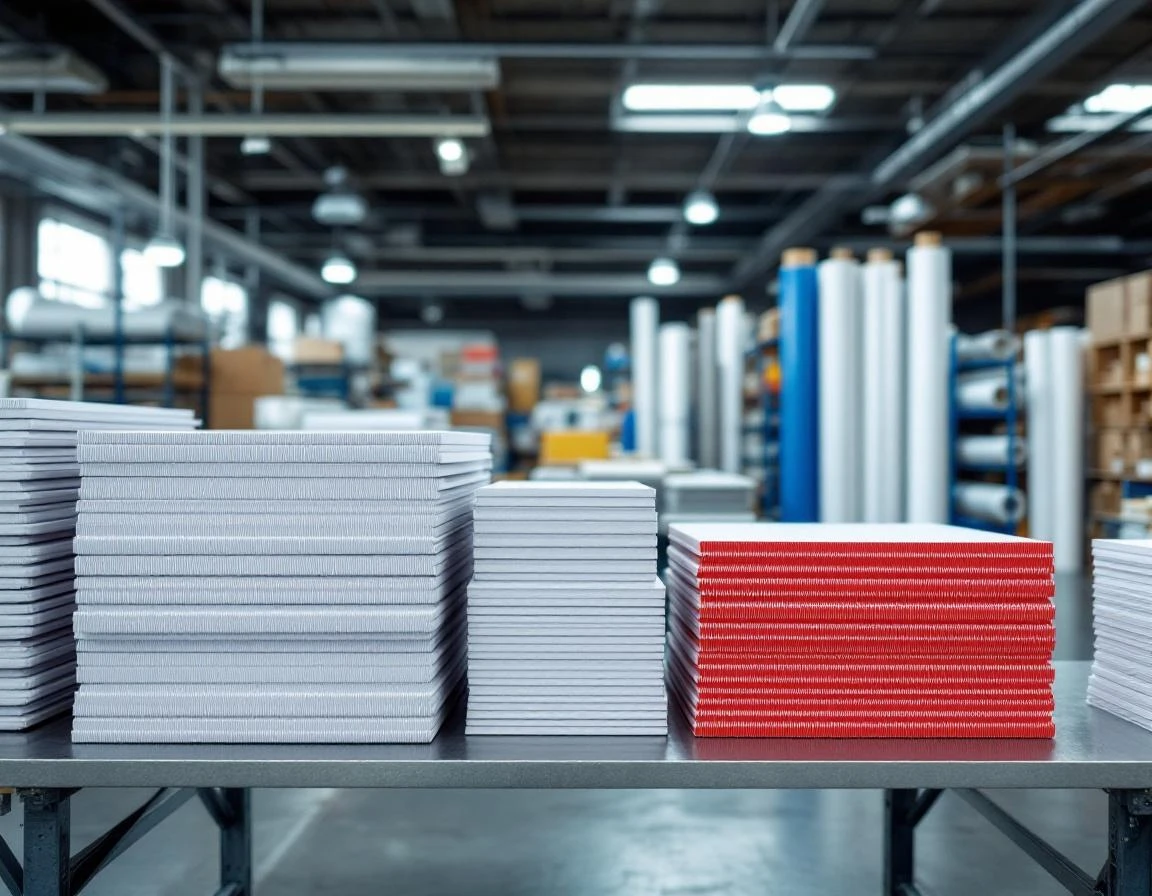 Stacks of corrugated plastic yard signs and vinyl banner rolls organized on production workspace table