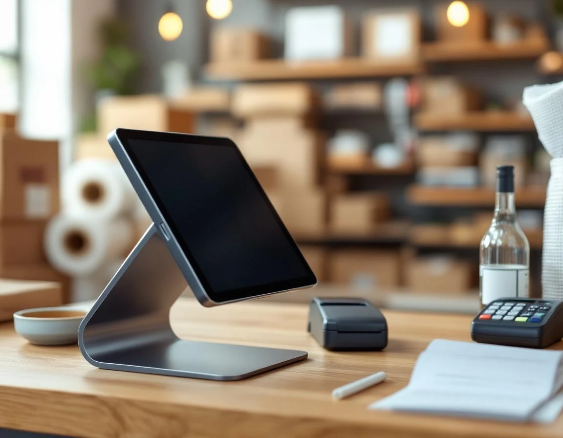 Modern POS tablet terminal on retail counter with card reader and shipping materials in background