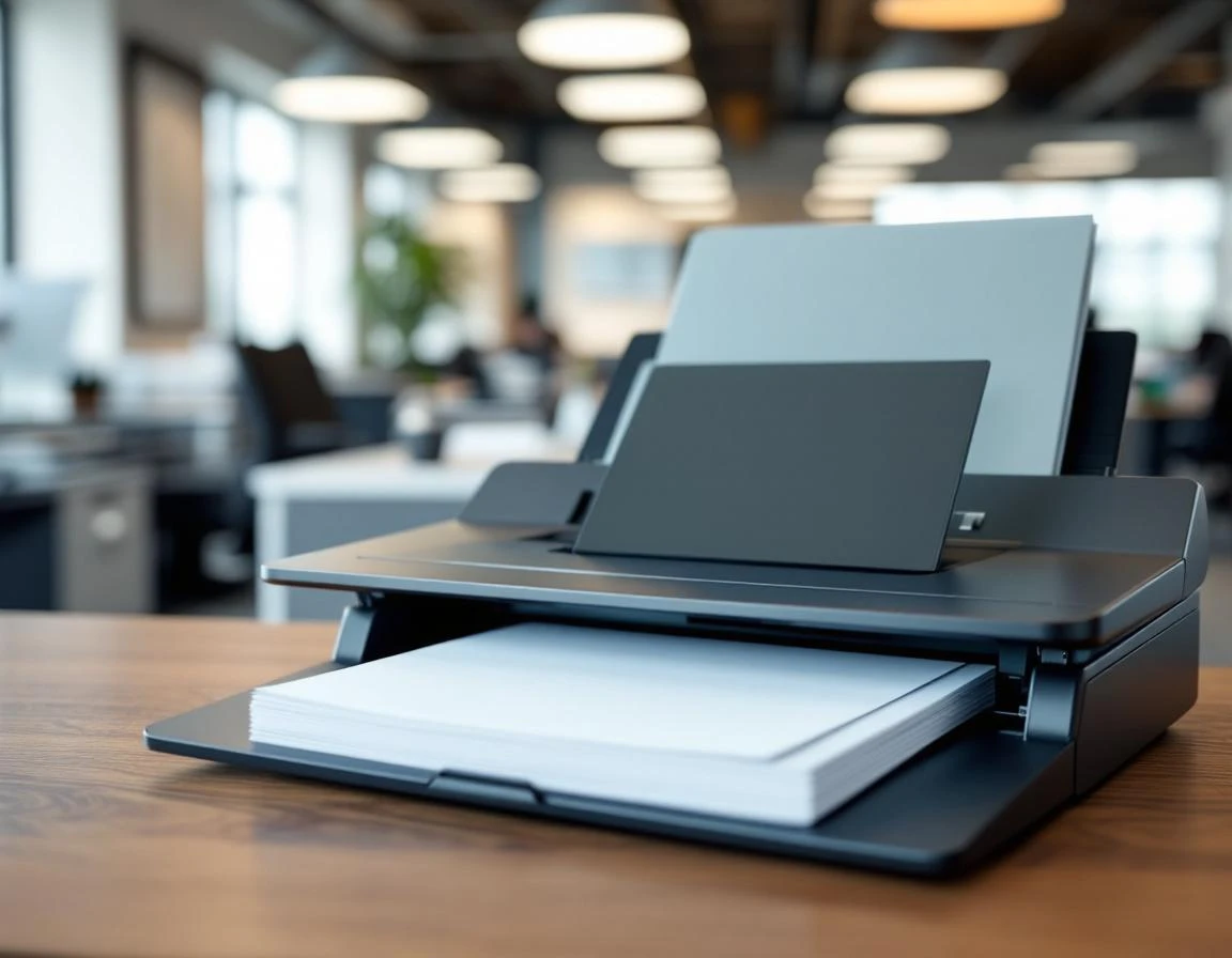Professional document scanner with legal papers on office desk during compliance workflow preparation