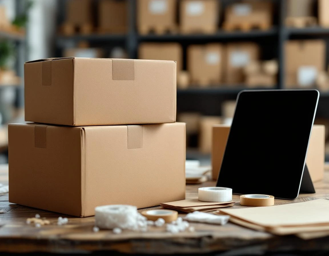 Authentic shipping supplies and cardboard boxes on business packing station desk with warehouse background