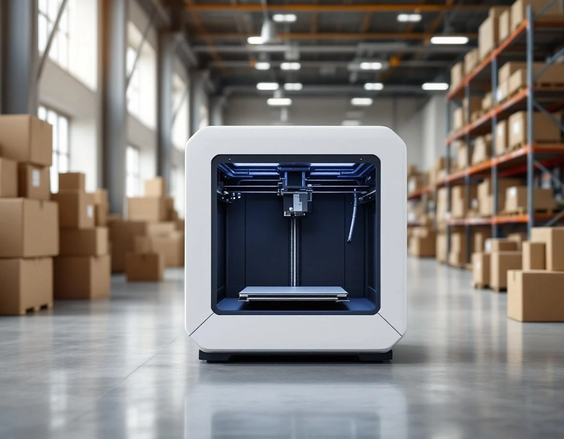 Professional 3D printer in commercial print shop with cardboard boxes in background