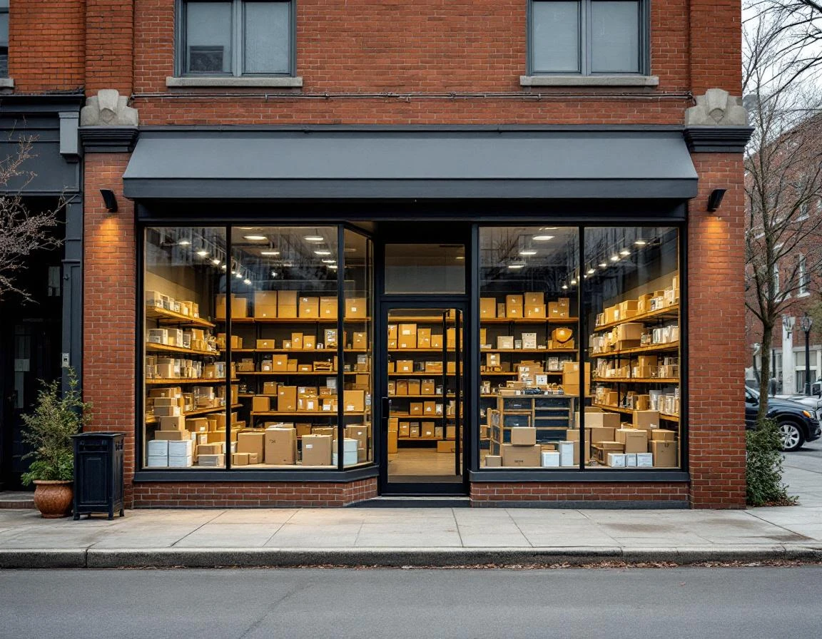 Modern pack-and-ship store exterior with commercial windows showing organized interior shelving and shipping supplies