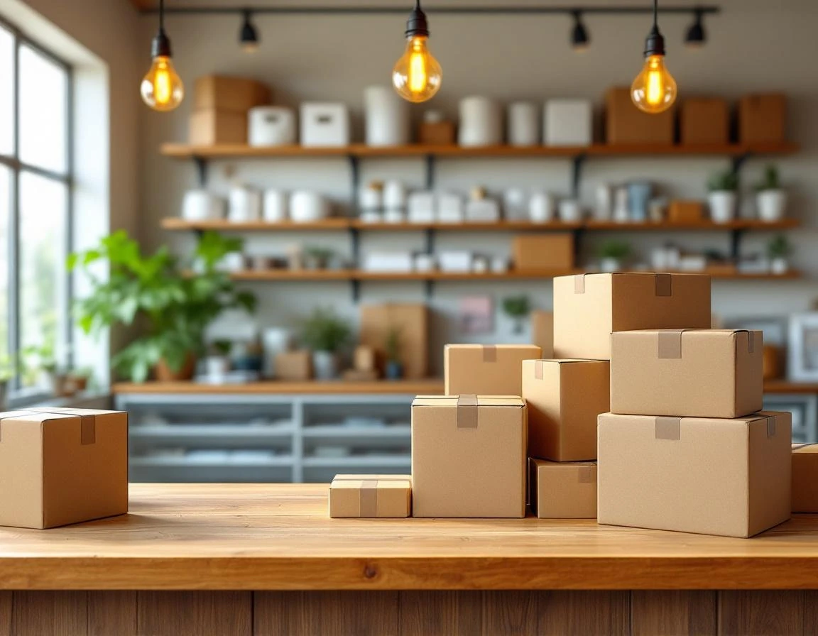 Organized shipping workspace with stacked boxes and packing materials in warm natural light