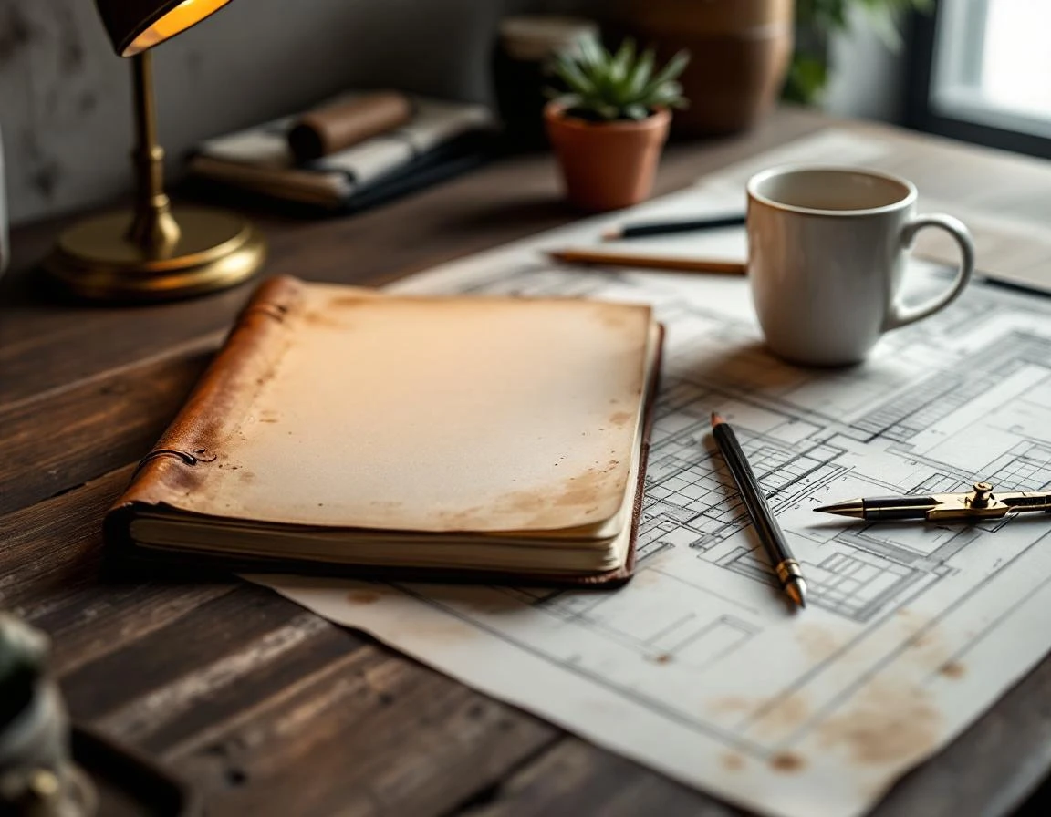 Professional workspace with planning tools and weathered leather notebook on wooden desk under warm lamp light