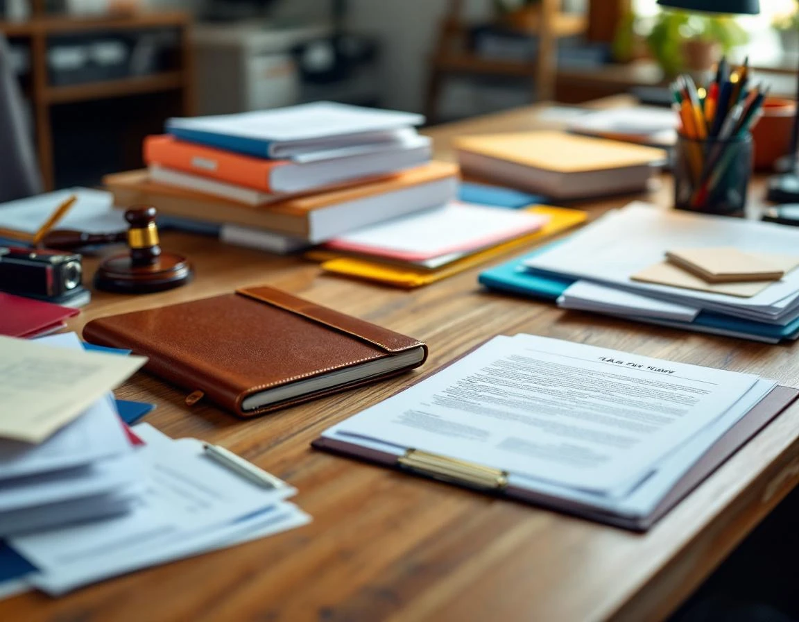 Organized notary desk with embossing seal, stamps, and document folders during tax season rush