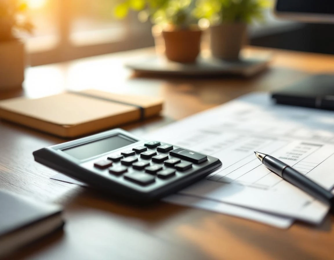 Calculator and shipping documents on office desk with natural morning light illuminating workspace