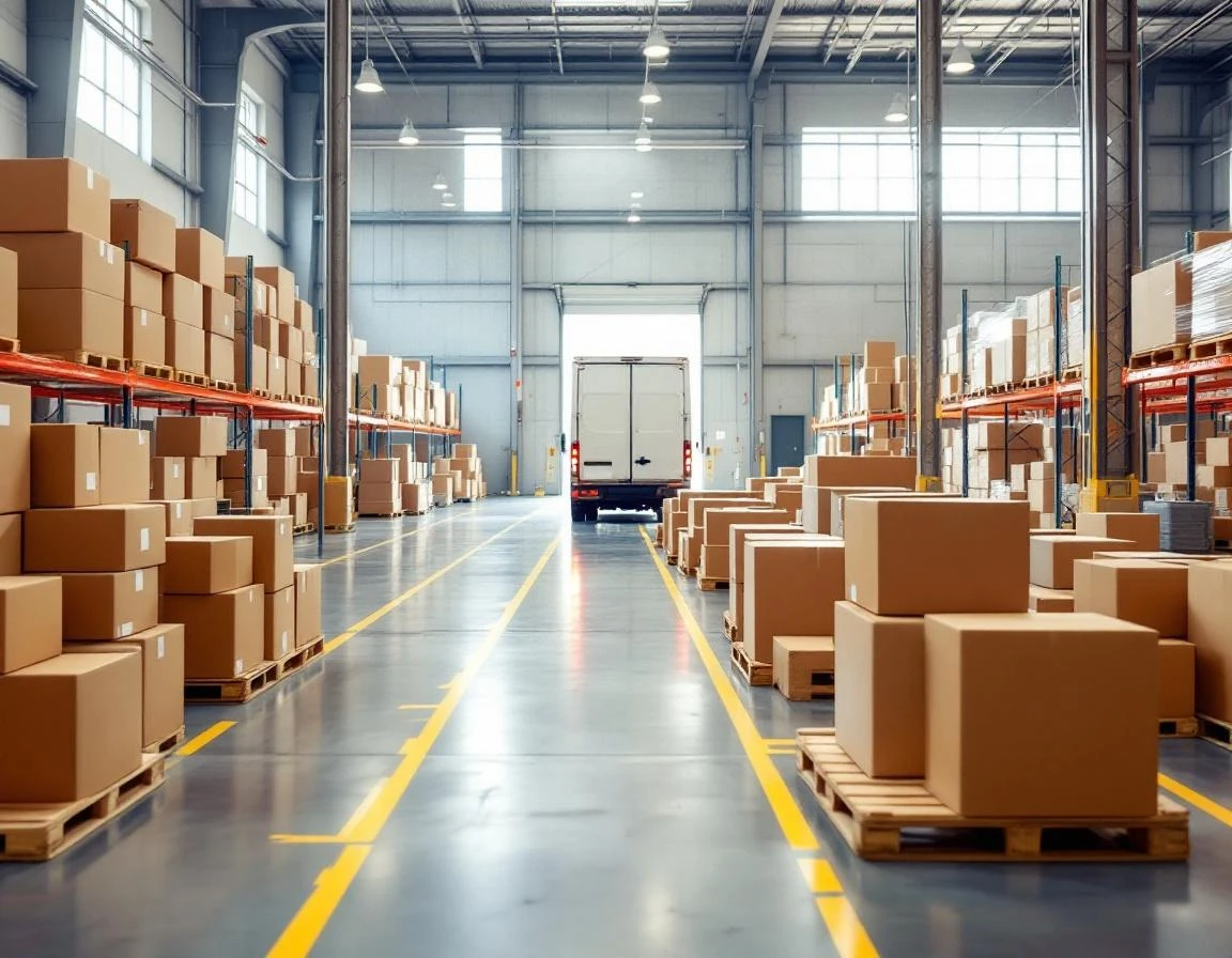 Warehouse interior with stacked unmarked boxes and delivery van at loading dock during spring shipping season